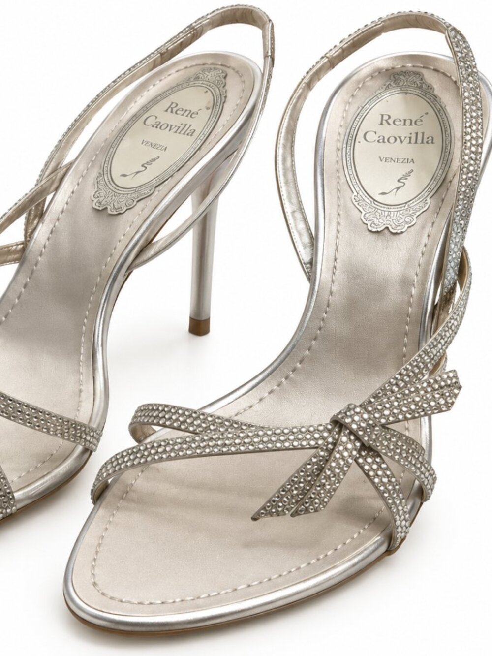 René Caovilla Silver Crystal Bow Slingback Stiletto Sandals